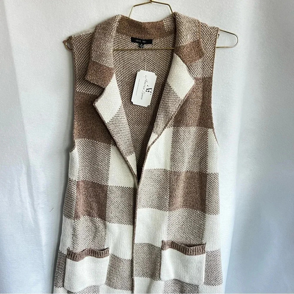 Open Front Sweater Vest Plaid Long Cardigan Heather Brown With Pockets Large - Picture 7 of 11
